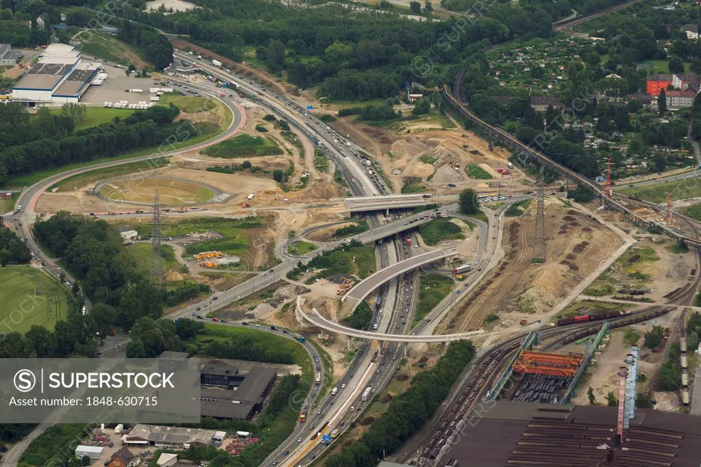 Aerial view, A40 motorway, construction site near Bochum Stahlhausen, Donekzring link, Bochum, Ruhr area, North Rhine-Westphalia, Germany, Europe