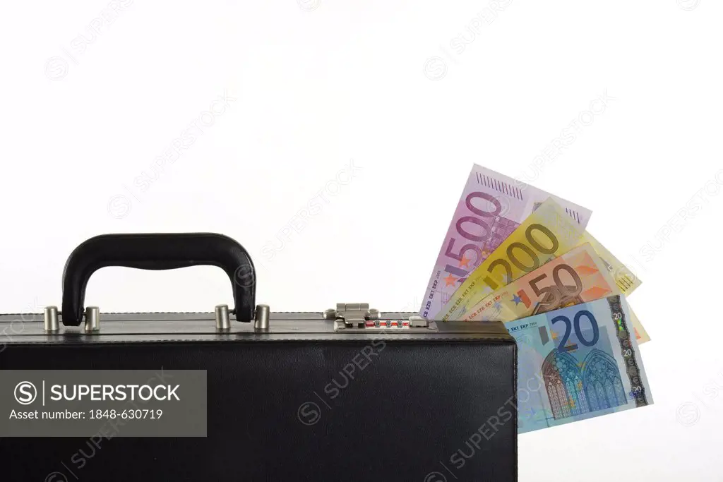 Euro notes in briefcase, suitcase full of money