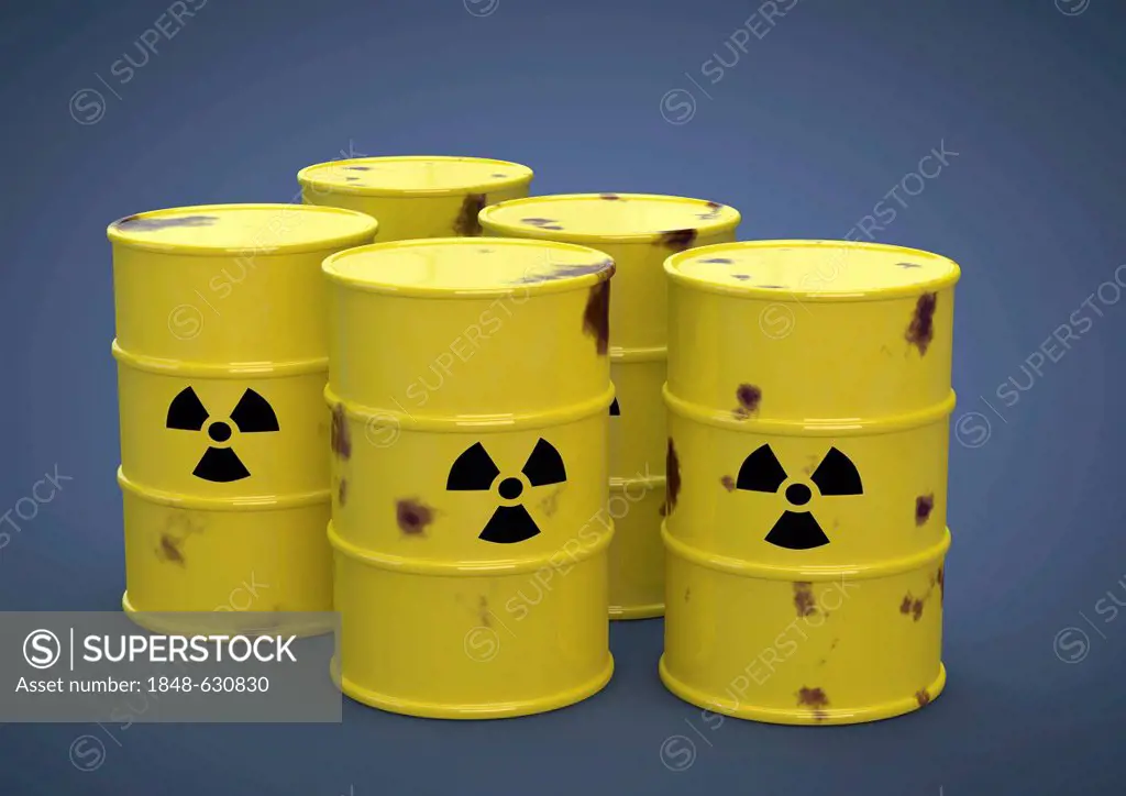Rusty barrels of radioactive nuclear waste, terminal storage, nuclear power, symbolic image, 3D illustration