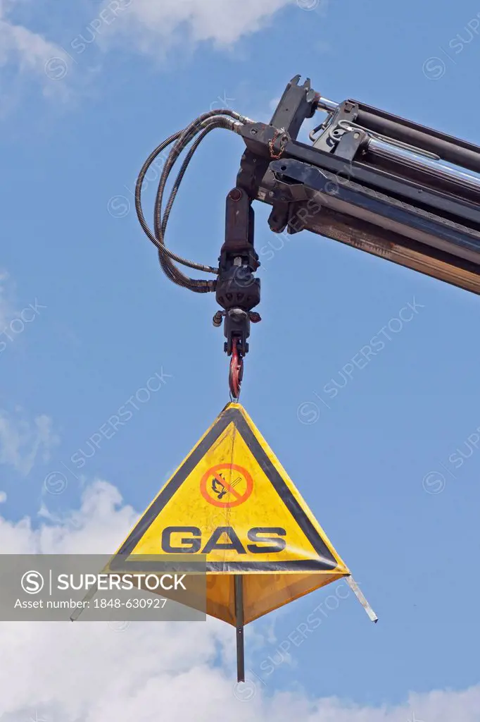Gas warning, warning triangle, crane, Berlin Fire Department, Berlin, Germany, Europe