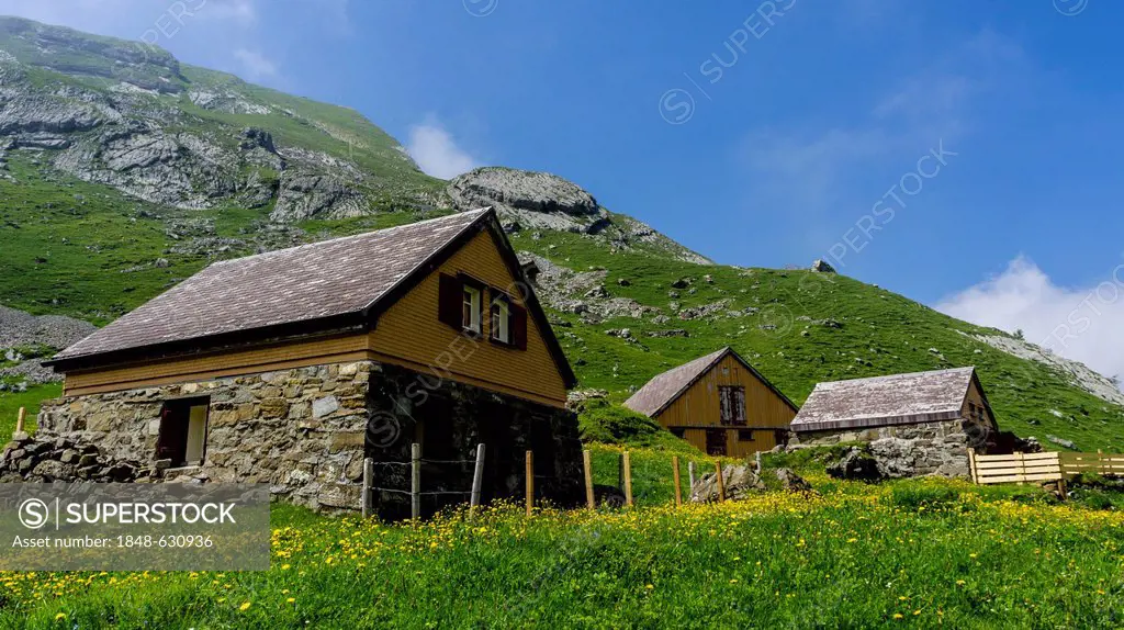 Huts at Meglisalp mountain pasture, Alpstein range, Canton of St Gallen, Switzerland, Europe