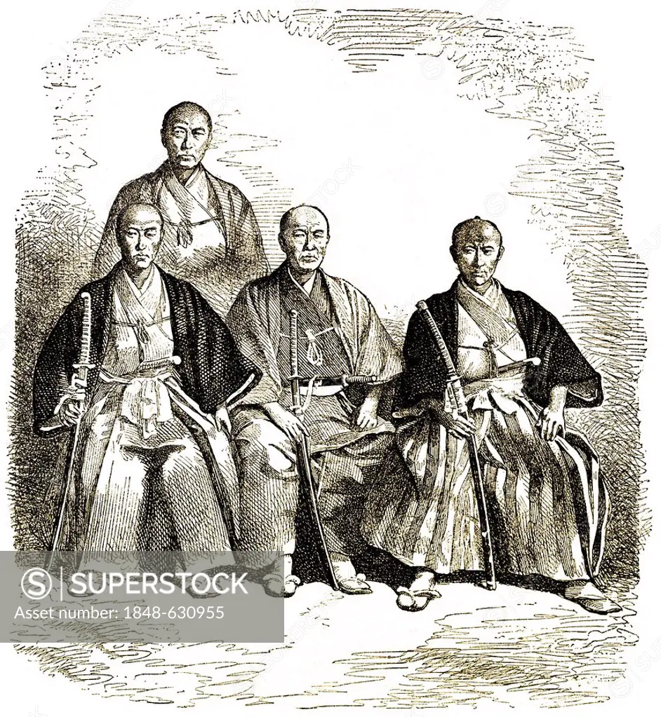 Historic drawing, 19th century, four Japanese samurai, members of the first Japanese embassy in Europe, 1862, Tokugawa shogunate