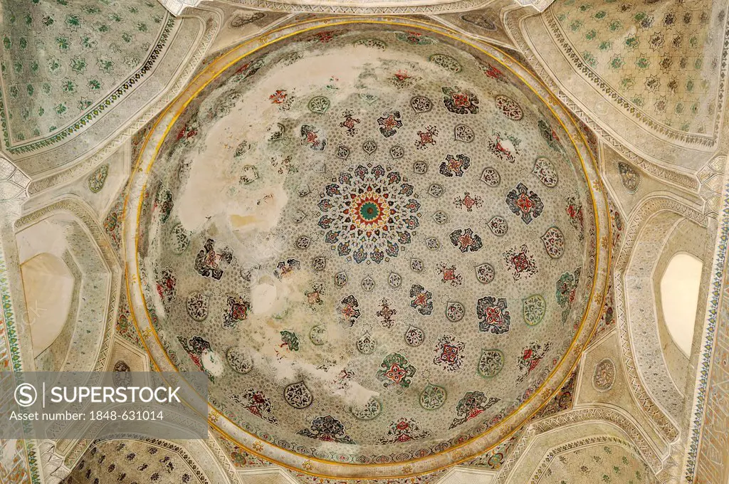 Painted interior cupola of Kok Gumbaz Mosque in Shahrisabz, Unesco World Heritage Site, Uzbekistan, Central Asia