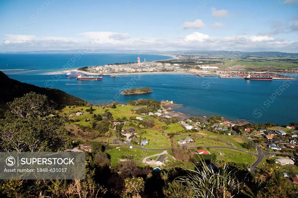 View of Whangarei Harbour and Bream Bay, Marsden Point Oil Refinery on Marsden Point, Northland, New Zealand