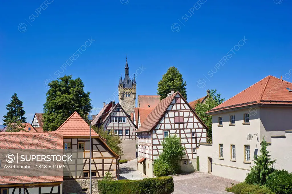 Historic town centre with Blue Tower, Bad Wimpfen, Neckartal, Baden-Wuerttemberg, Germany, Europe