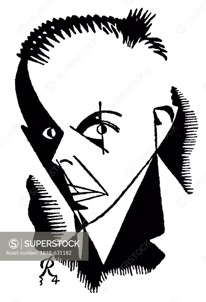 Historical caricature of Béla Bartók, 1881 - 1945, a Hungarian composer, pianist and ethnomusicologist