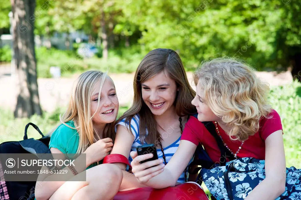 Schoolgirls sitting together in the school break and playing with mobile phones