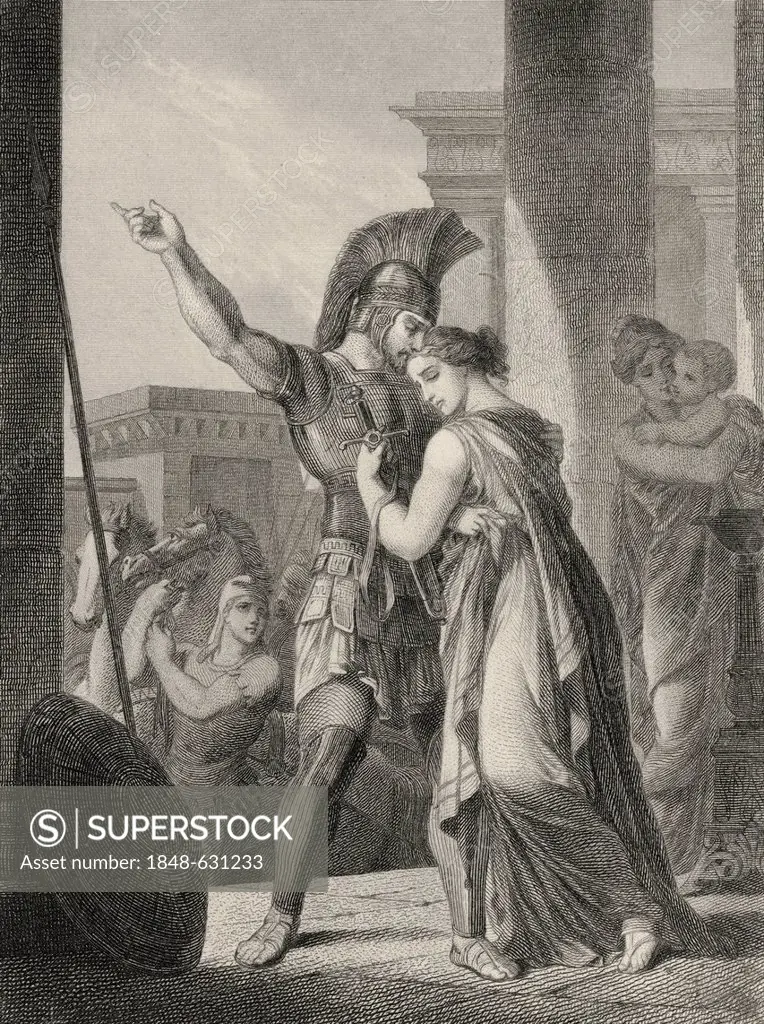 Historic steel engraving by Ferdinand Rothbart, 1823 - 1899, a German illustrator, drawing, a scene from the Greek mythology, Hector and Andromache, H...