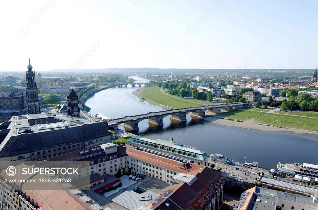 View of the Elbe river with Albertbruecke bridge from the tower of the Frauenkirche, Church of Our Lady, Dresden, Florence of the Elbe, Saxony, German...