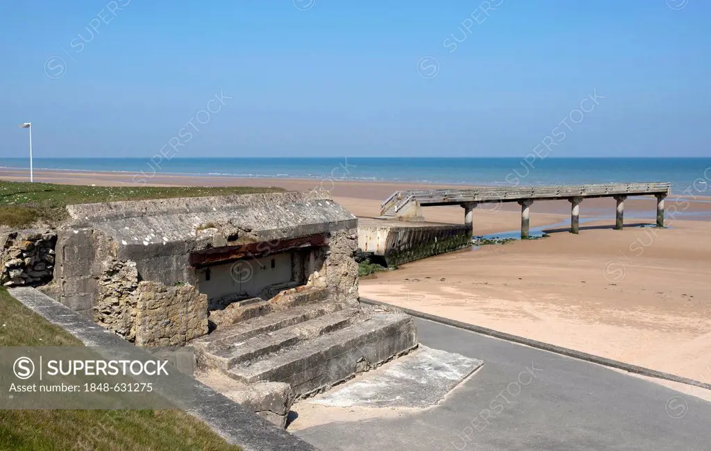 Bunker and landing bridge at Omaha Beach, Vierville-sur-Mer, Normandy, France, Europe