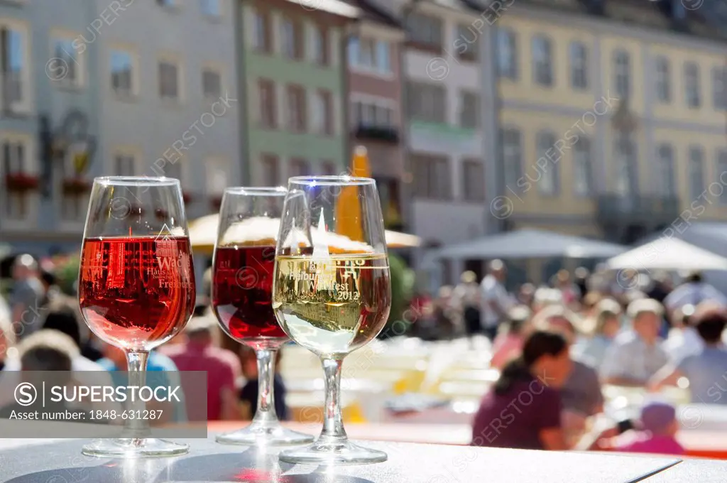 Glasses with red, white and rosé wine, wine festival, Freiburg im Breisgau, Black Forest, Baden-Wuerttemberg, Germany, Europe