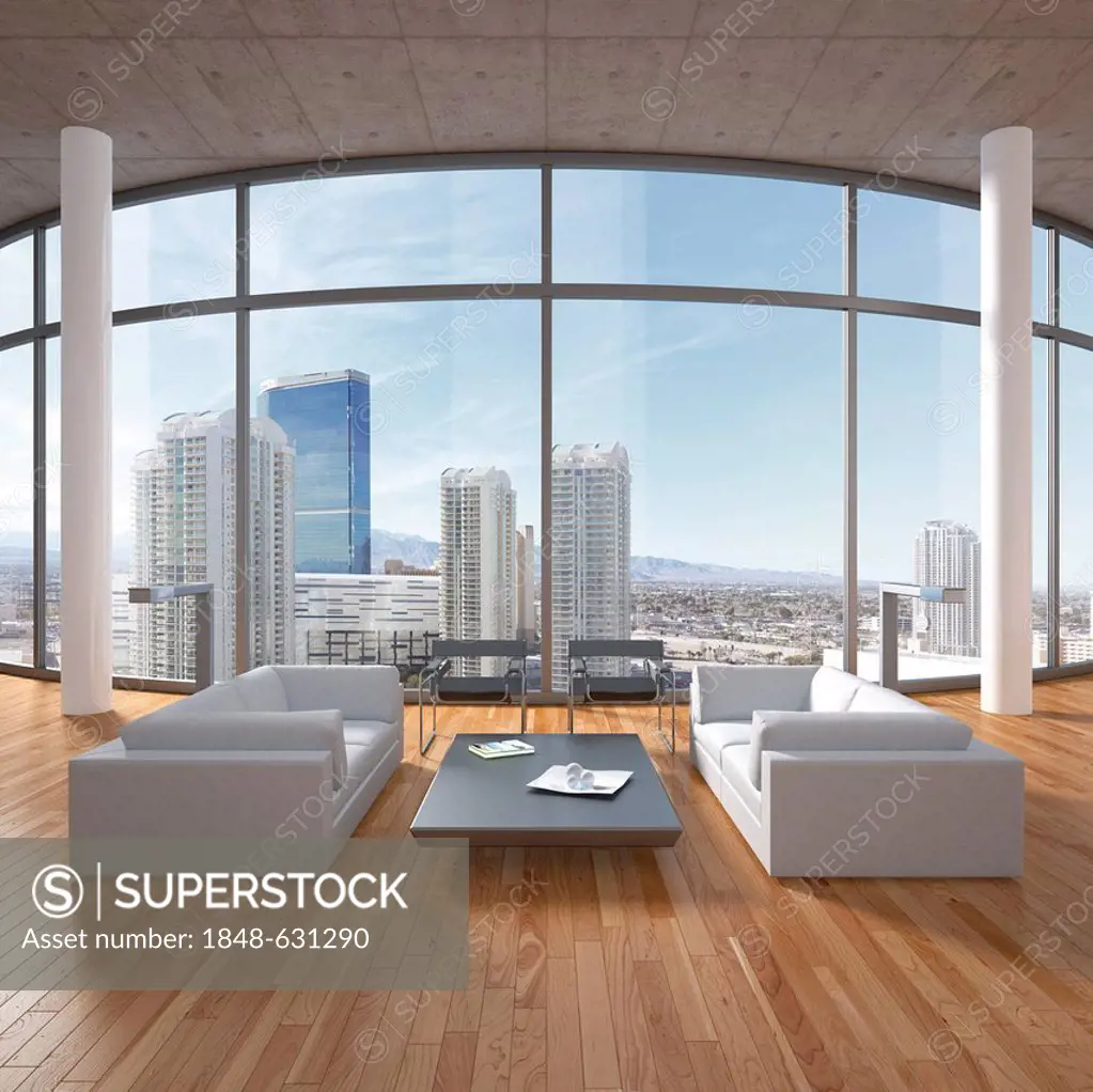 Loft-like living room with sofas, coffee table, columns and oak flooring, urban views, 3D illustration