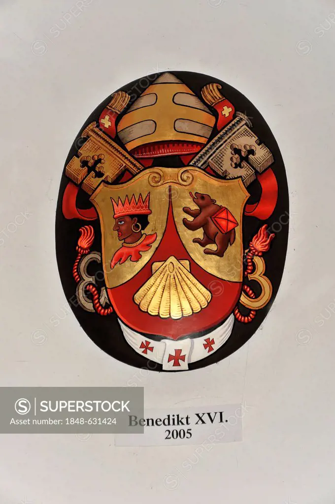 Coat of arms of Pope Benedict XVI, 2005, entrance area of the basilica and pilgrimage church of St. Anna, Altoetting, Bavaria, Germany, Europe