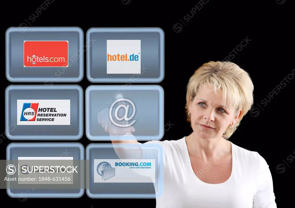 Woman working with a virtual screen, touch screens, hotel booking portals on the internet