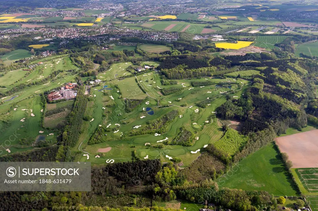 Aerial view, Gut Neuenhof Golf Club, 18-hole golf course and the clubhouse, Froendenberg Ruhr, Ruhr area, North Rhine-Westphalia, Germany, Europe