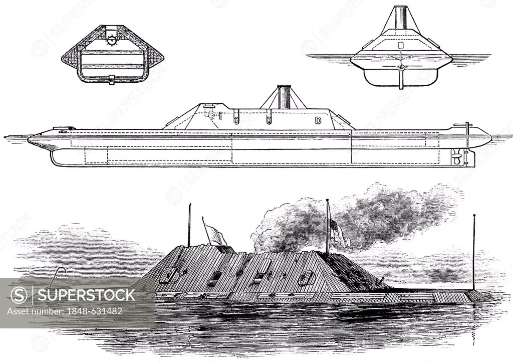 Historical drawing, US-American history, 19th century, the CSS Tennessee, an armored warship, 1864, American Civil War
