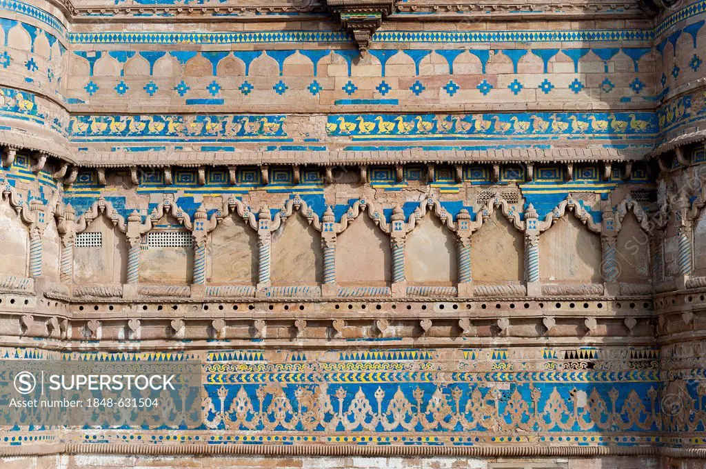 Colourful ceramic tiles with duck motifs adorning a wall, Man Singh Palace, Gwalior Fort or Fortress, Gwalior, Madhya Pradesh, India, Asia