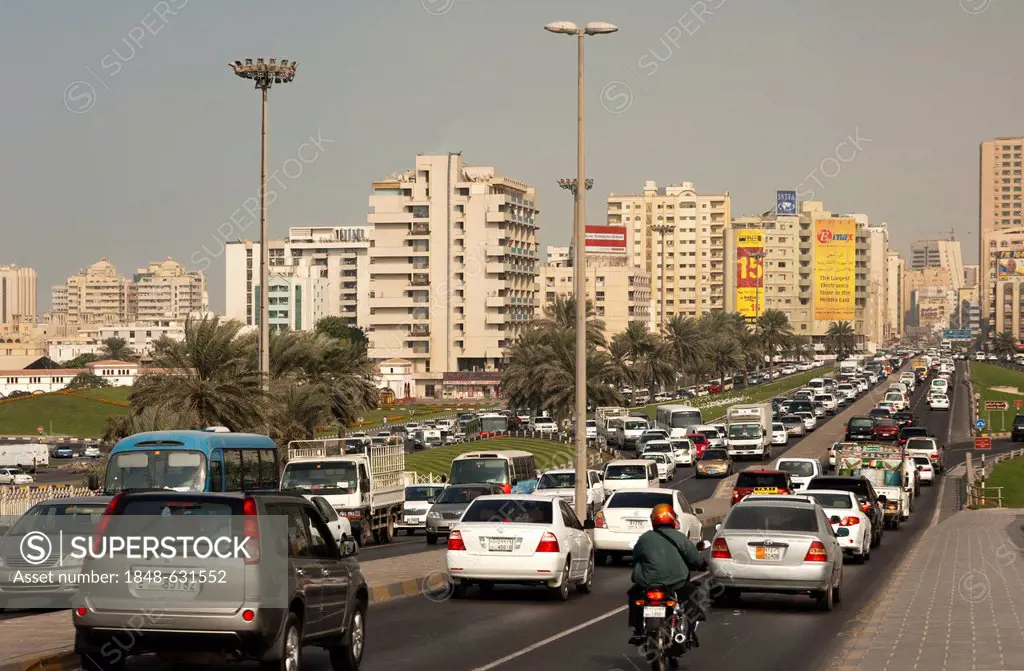 Cars pile up on the streets in downtown of Sharjah, emirate of Sharjah, United Arab Emirates, Middle East
