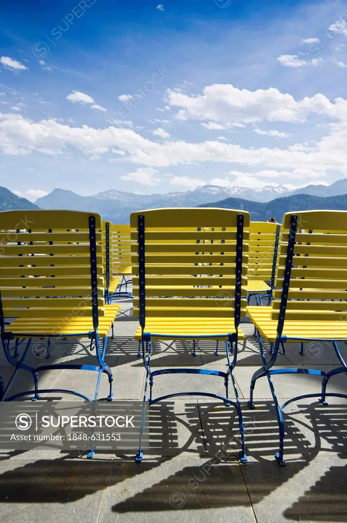 Yellow chairs standing on the lakeside promenade, Weggis, Lake Lucerne, canton of Lucerne, Switzerland, Europe
