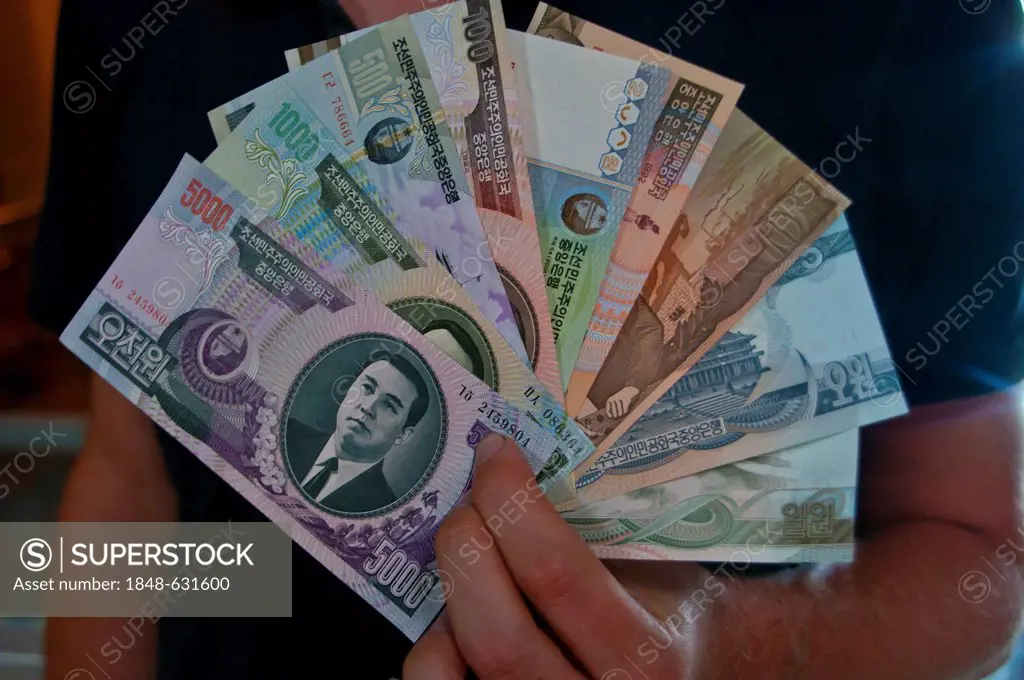 Person holding a fan of North Korean banknotes