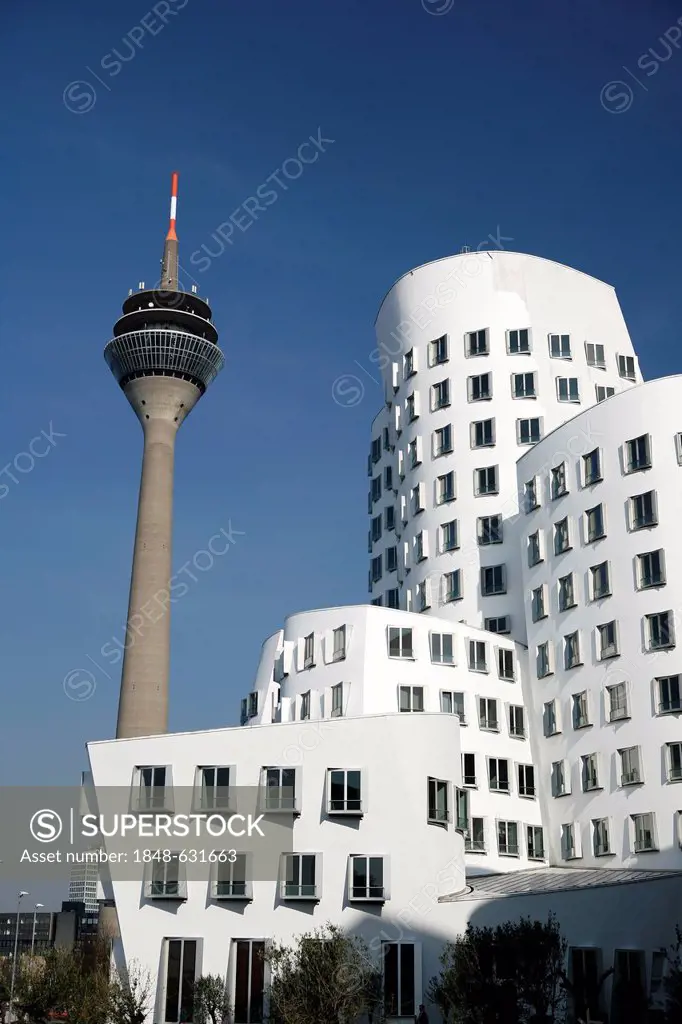 Rheinturm radio and tv tower and Gehry-Haus building, Medienhafen media harbour, Duesseldorf, North Rhine-Westphalia, Germany, Europe