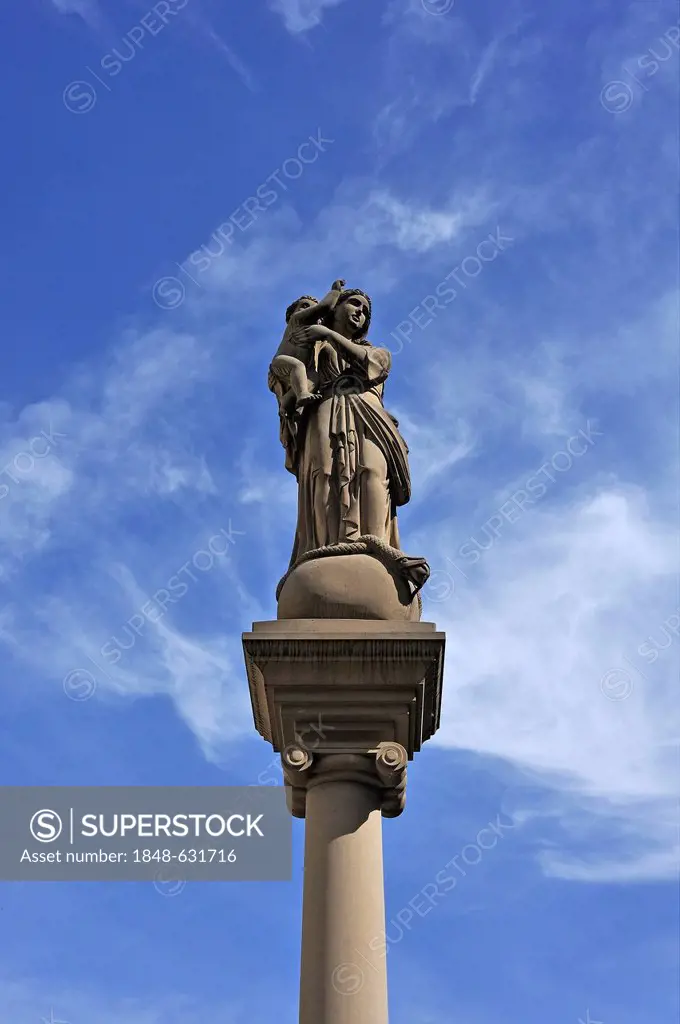 Marian column against a blue sky, Mary with the baby Jesus standing with her foot on the head of a snake writhing around the globe, Pfaffenhofen, Uppe...