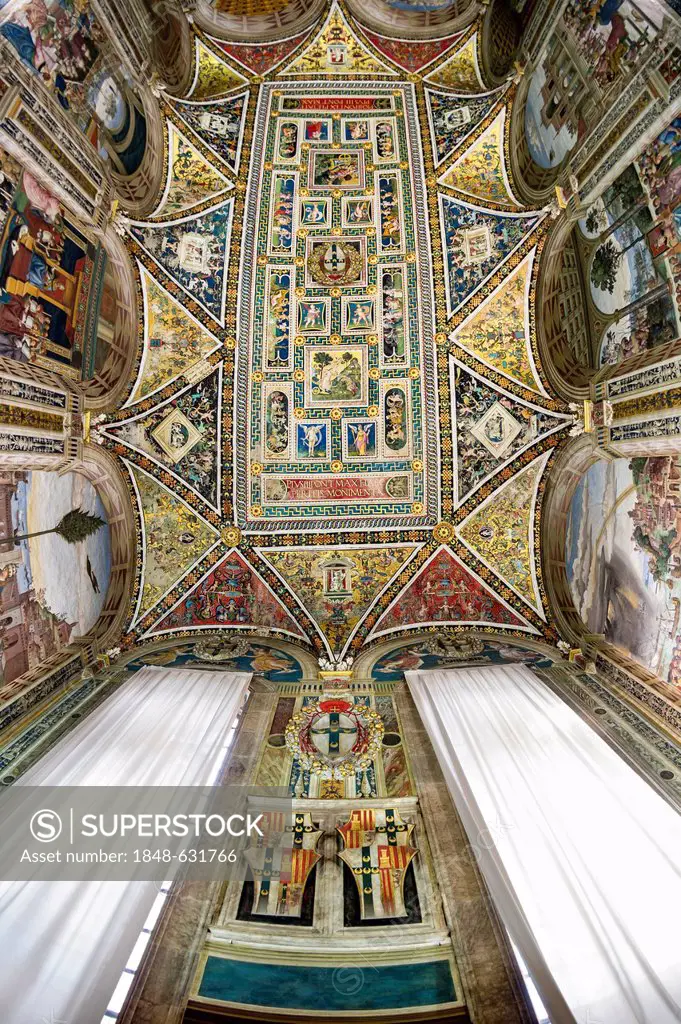 Interior view, ceiling painting in the Cathedral Library, Libreria Piccolomini, Cathedral of Siena, Cattedrale di Santa Maria Assunta, main church of ...