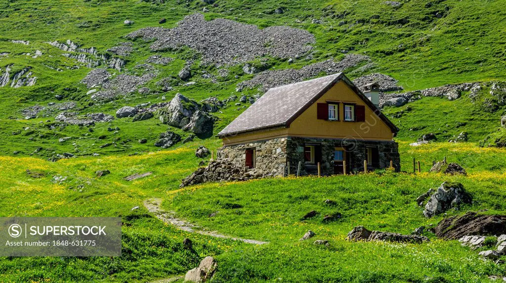 Hut at Meglisalp mountain pasture, Alpstein range, Canton of St Gallen, Switzerland, Europe