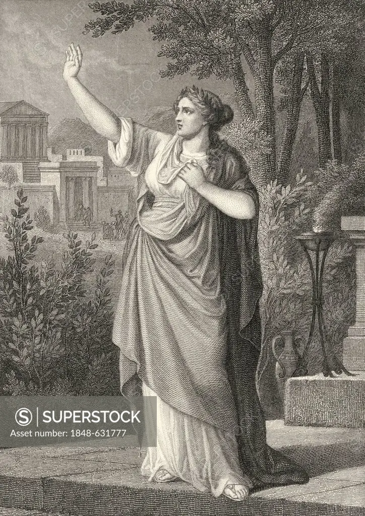 Historic steel engraving by Ferdinand Rothbart, 1823 - 1899, a German illustrator, drawing, a scene from the Greek mythology, Cassandra, a ballad by J...