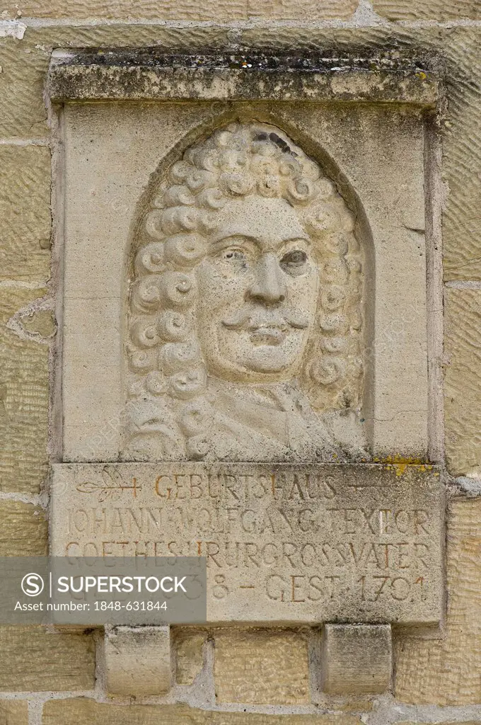Plaque at the birthplace of Johann Wolfgang Textor, lawyer and great-great-grandfather of Johann Wolfgang von Goethe, Neuenstein, Hohenlohe region, Ba...