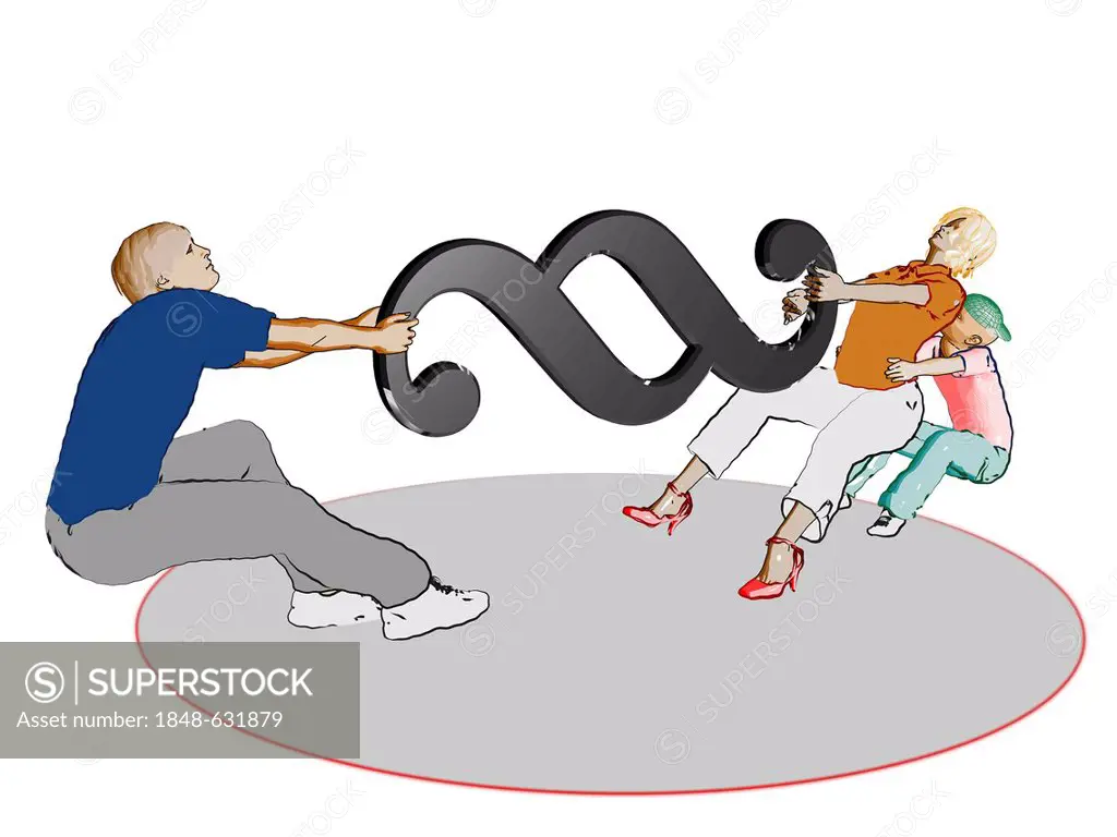 Parents pulling on a paragraph symbol, illustration, symbolic image for a custody fight