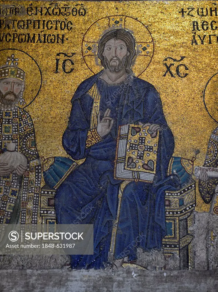 Mosaic of Christ Pantocrator blessing, image of Christ with the bible of narthex, Byzantine Deësis mosaic on the south gallery, interior view, Hagia S...
