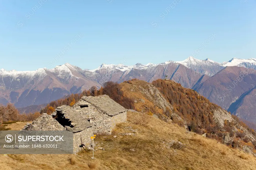 Traditional stone farm houses, Rustico, mountains behind, fall, near Lionza, Tessin, Switzerland, Europe
