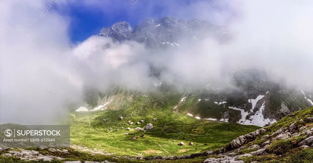 View of Meglisalp mountain pasture, Alpstein range, Canton of St Gallen, Switzerland, Europe