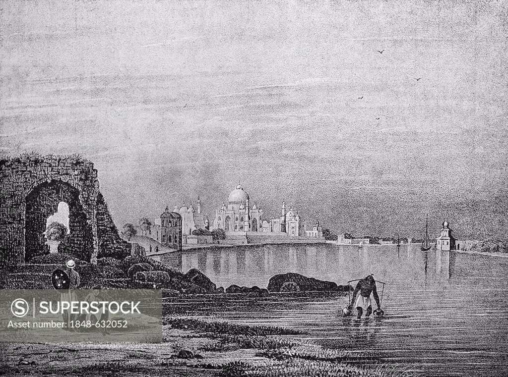 Historical illustration, lithography, Taj Mahal, India, Asia