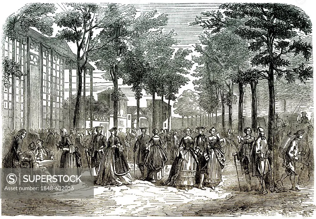 Historic drawing, 19th century, scene from the history of France, strollers, a boulevard in Paris in the 18th century