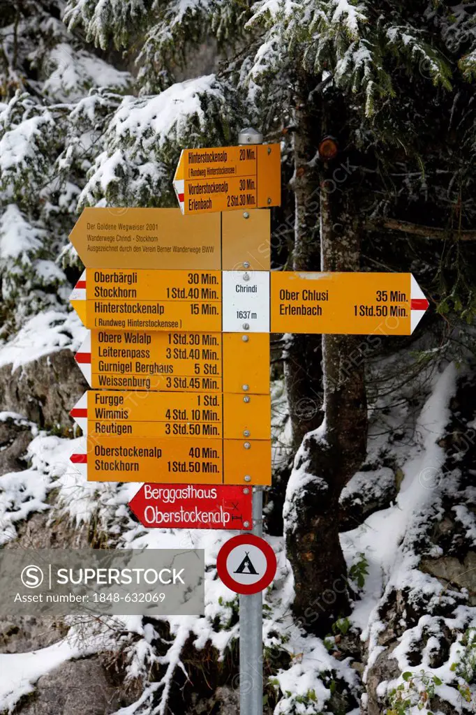 Golden hiking trail, hiking signposts at Mt Stockhorn in Winter, Bern, Switzerland, Europe