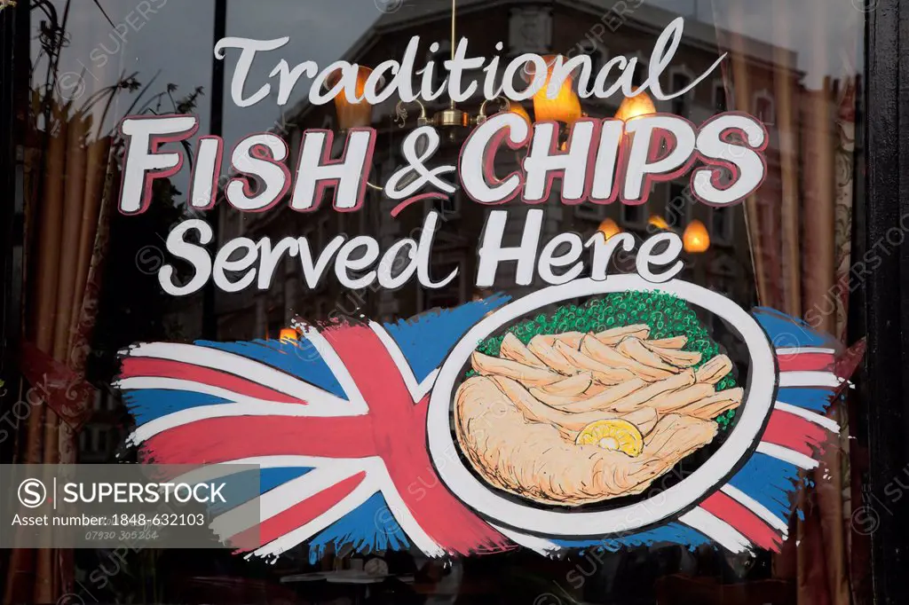 Fish and Chips, decoration on a British pub window in Central London, England, United Kingdom, Europe