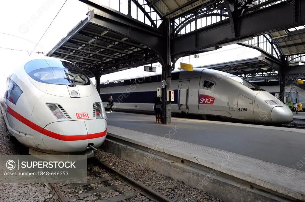 French TGV and German ICE high-speed trains at Gare de l'Est, Paris East Railway Station, Paris, France, Europe