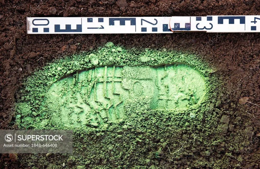 Criminal investigation department, police, shoe print at a crime scene, print made visible with green spray paint and taking of a plaster mould