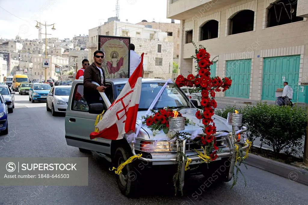 Street parade with a decorated car on Holy Saturday, Bethlehem, West Bank, Israel, Middle East