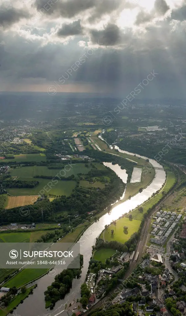 Aerial view, meadows on the Ruhr river, sewage treatment plant, Ruhrauenpark, municipal border of Essen, Bochum-Linden district, Bochum, Ruhr area, No...