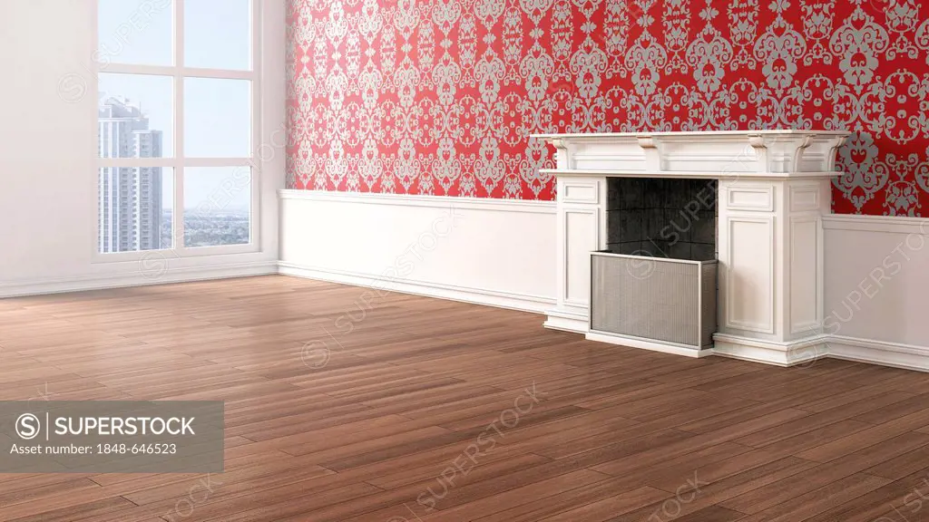 Empty living room with a fireplace, Baroque-style wallpaper and oak flooring, 3D illustration
