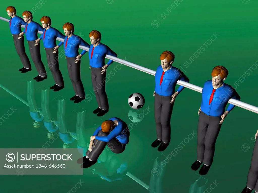 Table soccer figures, one sitting on the ground, illustration, symbolic image