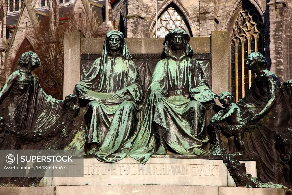 Statues of Hubert and Jan van Eyck, memorial, historic district, Ghent, East Flanders, Belgium, Europe