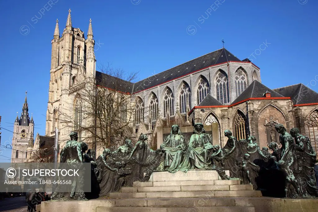 Hubert and Jan van Eyck monument, Sint Baafskathedraal or Saint Bavo Cathedral, in the back left the Belfry, old town, Ghent, East Flanders, Belgium, ...