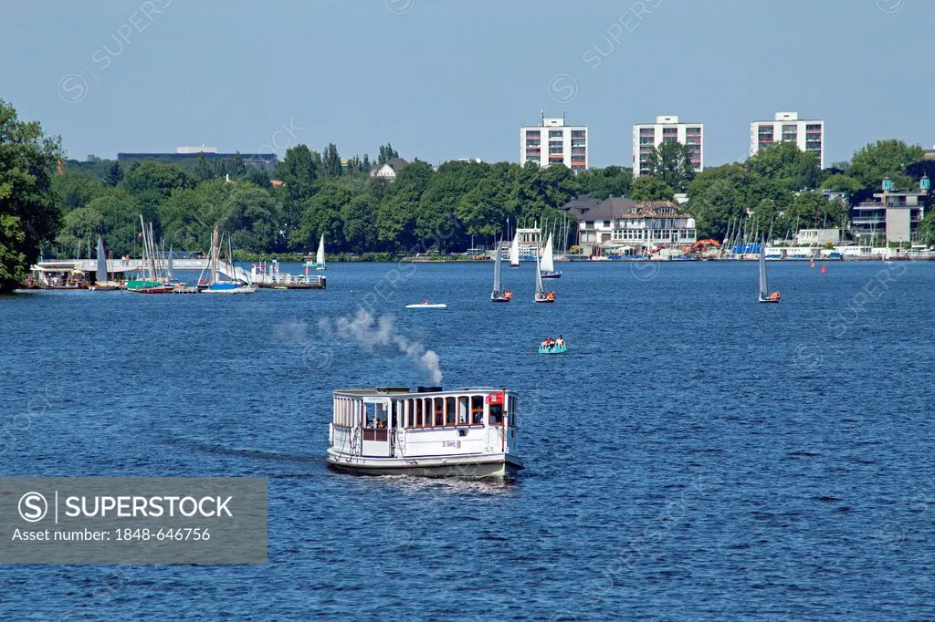 Passenger ship, Outer Alster Lake, lake Aussenalster, Hamburg, Germany, Europe, PublicGround