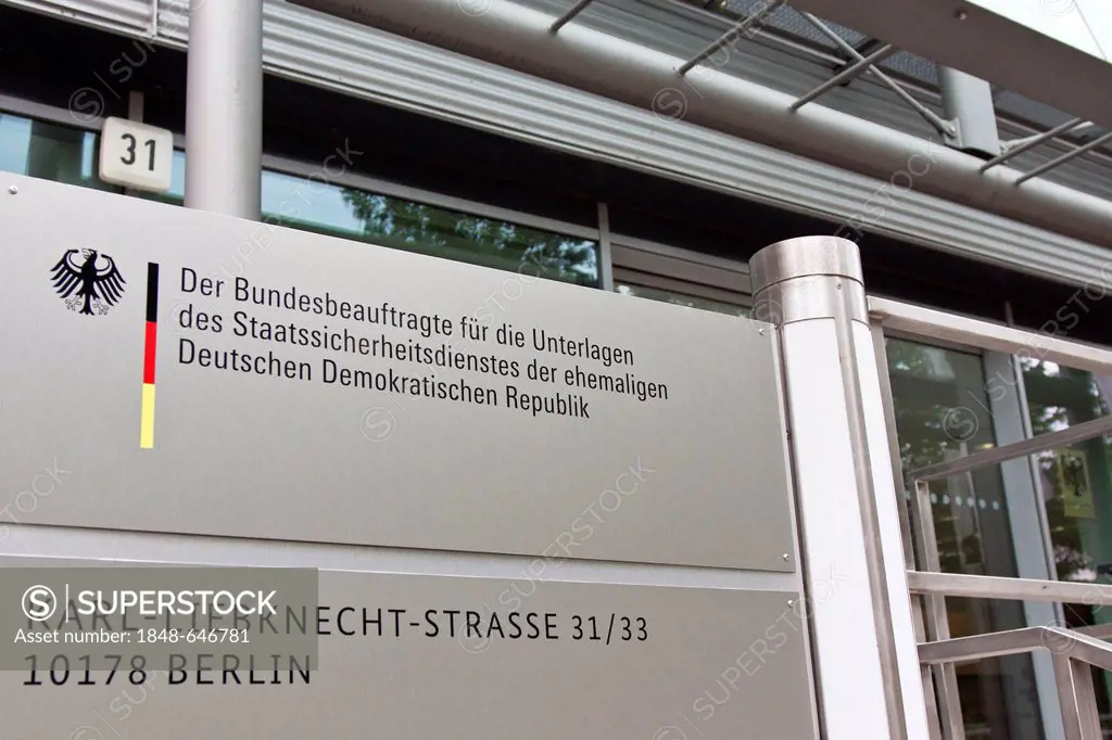 Sign, office of the Federal Commissioner for the Stasi Archives of the former German Democratic Republic, BStU, in Berlin, Germany, Europe