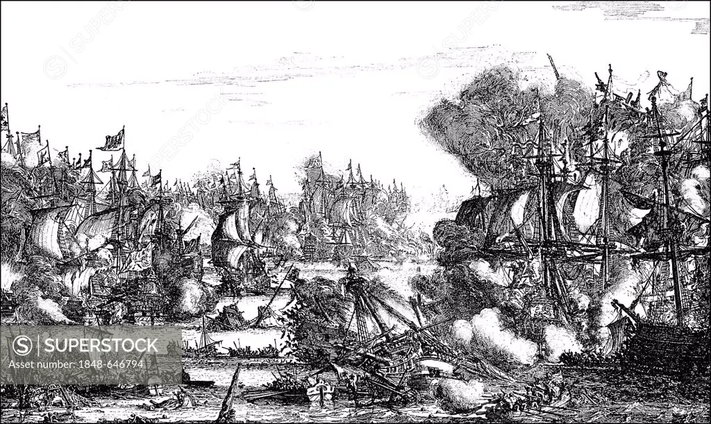 Historic drawing, naval battle between the Netherlands and Spain during the Eighty Years' War, also known as the Dutch War of Independence, 1568 -1648