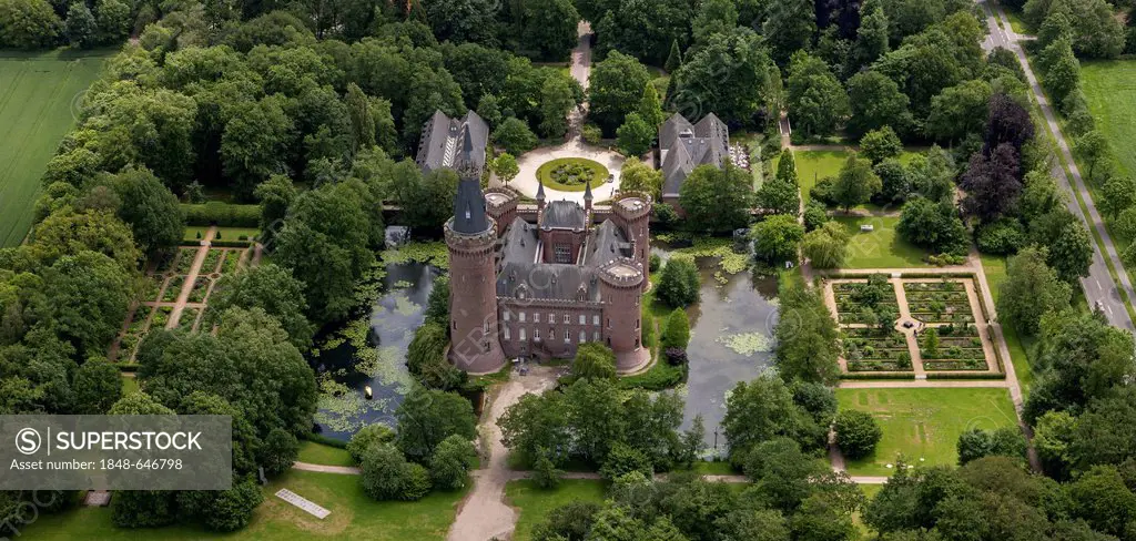 Aerial view, Moyland Castle, a neo-Gothic style moated castle, Bedburg-Hau, Lower Rhine region, North Rhine-Westphalia, Germany, Europe
